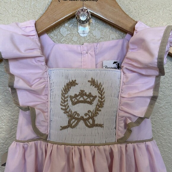 Periwinkle Parasol Pink Brown Dress Smocking Lace Tie Back Crown 3T - Picture 2 of 6